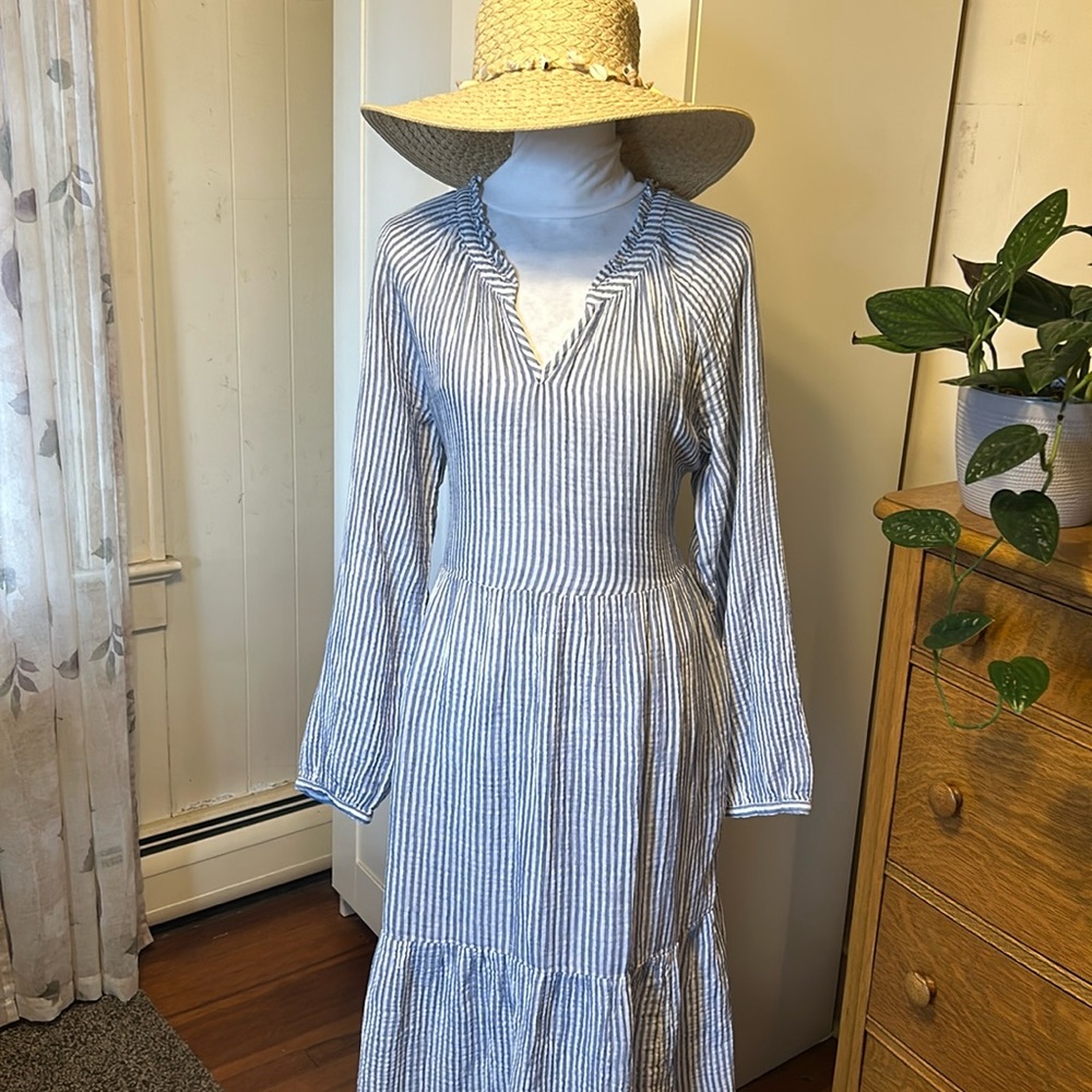 beachlunchlounge Blue and White Striped Long Sleeve Maxi Dress